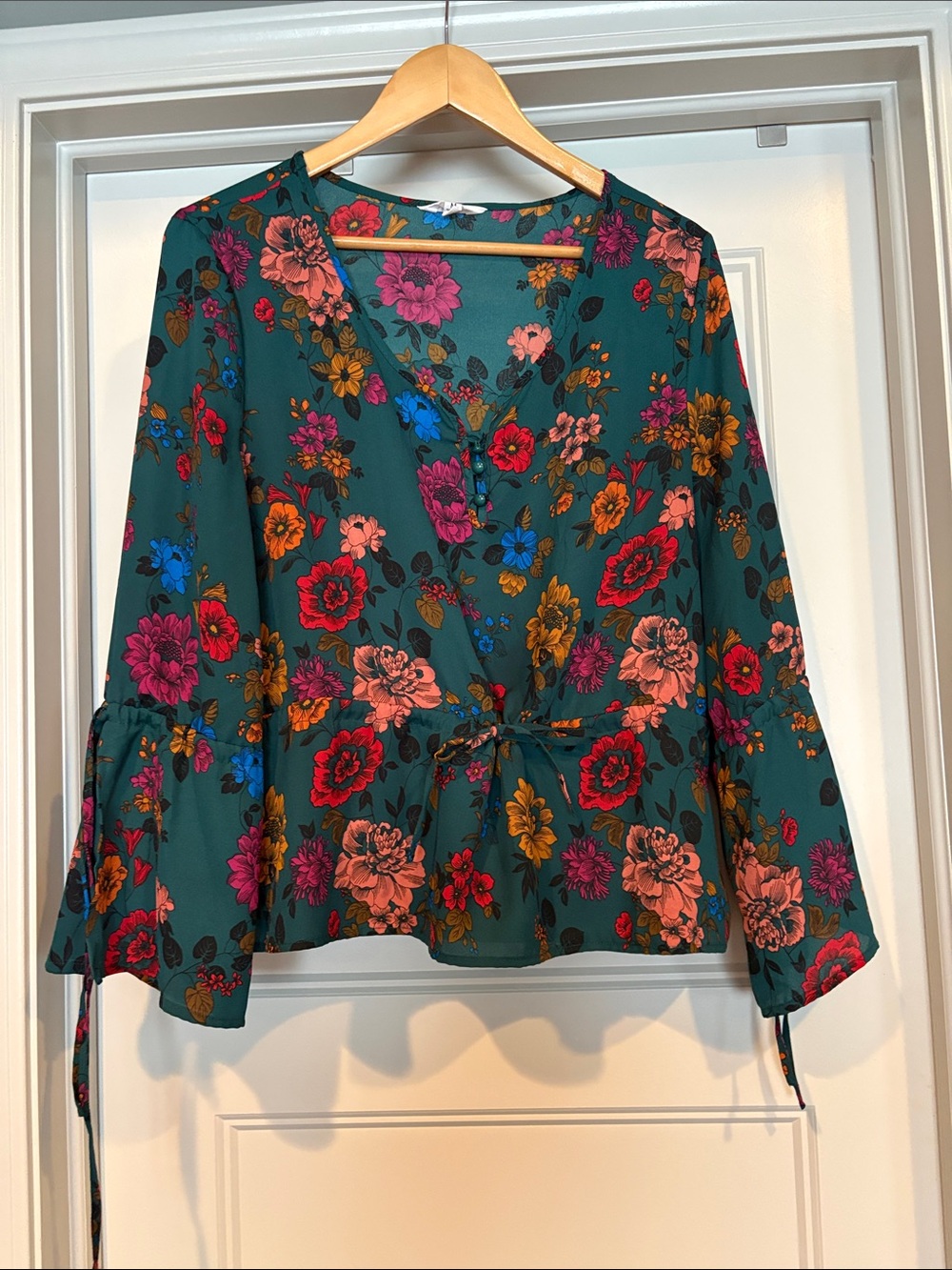 BB Dakota Teal Green Floral Wrap Blouse
